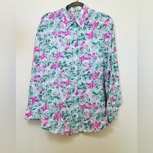 Pink and white floral button down blouse, size XL